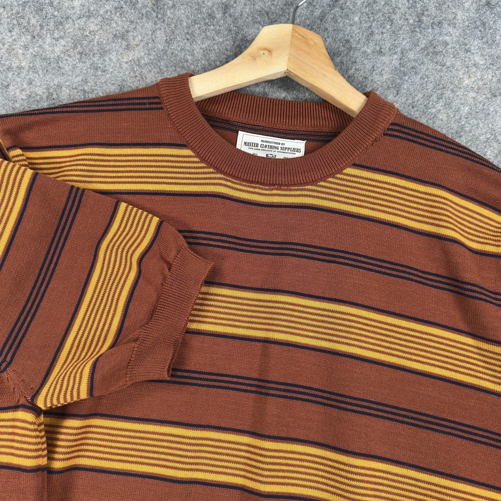 Karaku Sweater Mens XL Brown Yellow Striped 100% Viscose Short Sleeve Crewneck